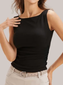 Summer Women's Boat Neck Tank Tops Tight Fit Ruched Sleeveless Shirts For A Chic Look - Black - View 1