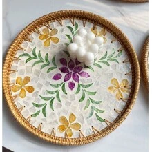 1pc Mother-Of-Pearl Inlaid Wooden Base Rattan Tray Hand-Woven Wicker Tray Coffee Table Tray For Storage And Placing Bread And Fruits