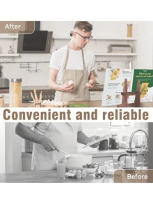 Atril de cocina rústico de madera - Organizador de mostrador de cocina estilo granja para libros de recetas y tabletas | Soporte multifuncional para iPad, teléfonos y libros (Madera sólida, decoración marrón) - Multicolor - Ver 5