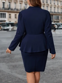 Conjuntos de Blazer Y Falda de Manga Larga de Talla Grande para Mujer, Conjuntos de Blazer Y Falda de Corte Ajustado, Elegantes Trajes de Negocios para Dama, Adecuados para Ocasiones de Negocios Y Ropa de Oficina - Azul Marino - Ver 3