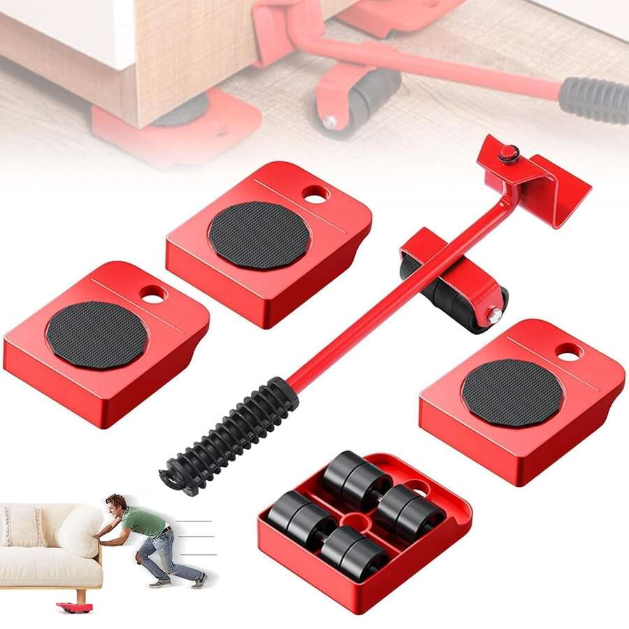 Juego de 5 Herramientas Elevadoras de Muebles,Base para Mover Muebles Pesados,Mueve Muebles con 4 Ruedaspara Sofás, Gabinete, Refrigeradores,Ruedas para Muebles Pesados de Hasta 150 kg (330 LB) - Rojo - Ver 1