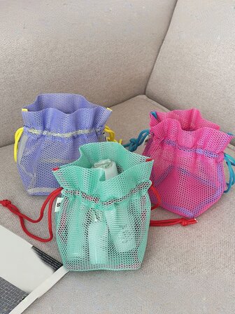 旅行大容量网眼尼龙化妆包收纳袋可折叠休闲网眼束口袋绳束口袋游泳洗漱包夏季旅行度假居家浴室装饰节日化妆品收纳袋浴室配件返校