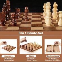 NetHong 3-In-1 Chess Wooden Set Fold Chessboard/Backgammon/Draughts Wood Board Game HEA - Brown - View 3