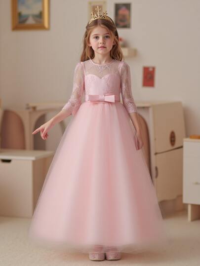 Nuevo vestido de encaje de manga larga para niñas, vestido de tul de princesa con mariposas para niños, disfraz de niña de las flores para Navidad, boda o recital de piano (seleccione el tamaño según la medida del pecho en la tabla de tallas)