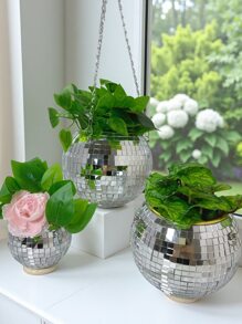 قطعة واحدة كرة مرقصة فضية بحجم 4 / 6 / 8 بوصة مع سلاسل ، صنع يدوي من سطح مرآة زجاجية، مناسبة للحديقة الخارجية والمكتب والمنزل ، تشكيلة ديكورية