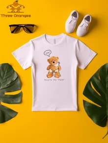 Teen Young Kid Smile Teddy Bear Funny Meme Graphic Round Neck Short-Sleeves Casual 100% Cotton T-Shirt