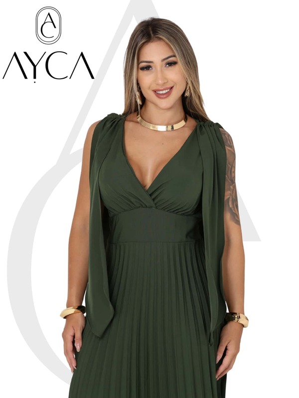 Vestido Plissado Feminino Estilo Cleo Longo  Luxo Festas Duna Decote V TendenciaS