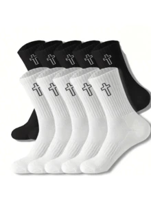 40pcs/20pcs/16pcs Unisex Black & White Crew Socks With Cross Pattern, Versatile & Comfortable, Non-Slip Moisture-Wicking.Suitable For Casual Wear, Yoga, Sports And Daily Wear In Spring, Summer, Autumn And Winter. Available In 10pcs/8pcs/4pcs/2pcs Sets. - Multicolor - View 1
