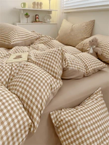 3 件浅棕色条纹格子图案涤纶羽绒被套套装，带拉链和枕套 - 可机洗，防缩水，四季舒适 - 柔软编织面料，透气床上用品，适用于卧室和客房（套装包括 1 个羽绒被套、2 个枕套，无羽绒被套，无枕套芯）