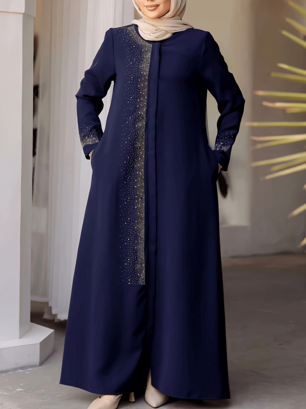 Solid Color Elegant Turkish Style Women's Long Robe Dress, Rhinestone Embellished Luxurious Long Sleeve Zipper Abaya