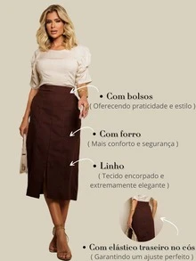 Saia Midi Feminina De Linho Com Fenda Estilosa E Cintura Flexível  e Elegante - Marrom - Visão 7