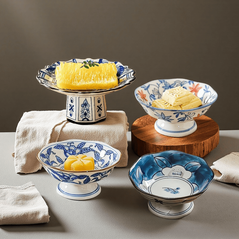 Ceramic Pastry Trays,Blue And White Fruit Tray Tea Tray Baking Pastry High Footed,Nuts Tray Suitable For Dishwasher And Microwave,Perfect For Dining Or Decorative Use Tray Display Rack