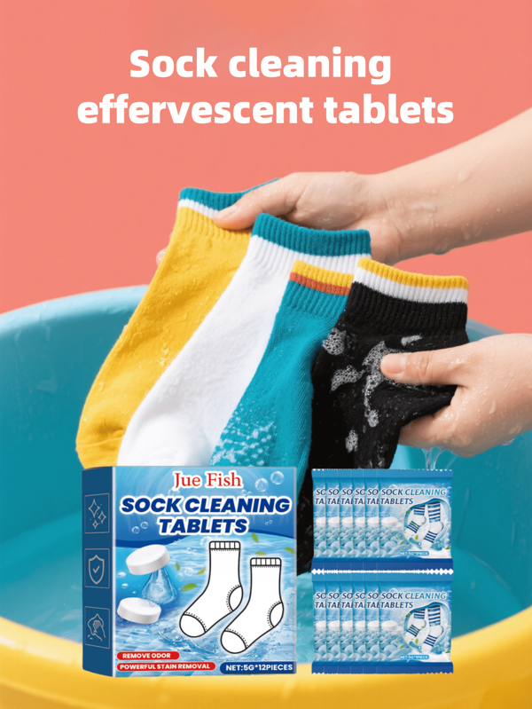 12 pièces Tablettes effervescentes de nettoyage pour chaussettes, nettoient en douceur les taches tenaces et les odeurs, blanchissent et désodorisent les chaussettes et la lingerie intime