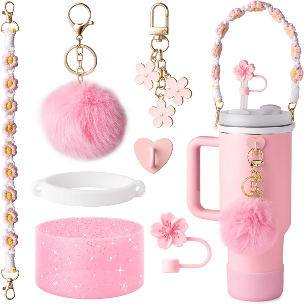 7 peças Conjunto Rosa de Acessórios para Copo - Alça para Garrafa de Água, Capa de Silicone Compatível com Copo 30oz 40oz, Tampa de Silicone para Canudo, Chaveiro Charms , Melhores Presentes para Meninas, Mulheres, Mães, Suprimentos Escolares