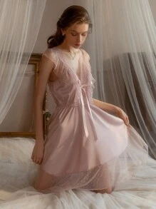 Conjunto de lencería sexy con pijama largo de seda, camisón con encaje estilo eólico y ropa de dormir que se puede usar fuera de casa