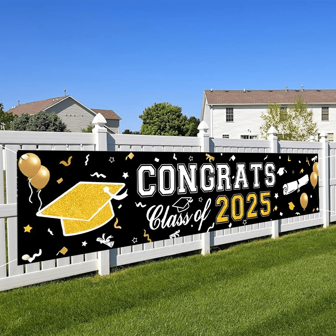 1 stuk 2025 Afstudeerfeest Achtergrondbanner, Polyester Materiaal, Zwart Achtergrondontwerp, Geschikt voor Afstudeerfeest Achtergrond, Tuindecoratie, Geen Elektriciteit Vereist