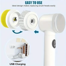 SOKANY 5-in-1 elektrische Mehrzweck-Reinigungsbürste für den Haushalt, USB-Aufladung, Einknopfstart. Wandmontage-Design, einfach zu verstauen. Verschiedene Bürstenköpfe (harte Borsten, Scheuerschwamm, Stahlkugel-Bürstenkopf, Schwammkopf, Lammfellbürste), geeignet für verschiedene Einsatzbereiche Küche/Schlafzimmer/Toilette/Wohnzimmer.