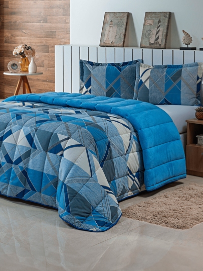 Kit Edredom Casal Queen 3 Peças 400 Fios Dupla Face Estampado Cobertor Coberdrom Toque Softy Manta Flannel