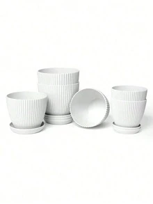 1pc Plastic Flower Pot With Tray, 3 Different Sizes Modern Decorative Plant Pot For Indoor Gardening - White - View 6