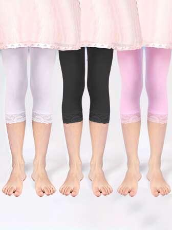 3pcs Pack Girls Lace Decor Leggings, Summer Stretchy Breathable Princess Lace Multi-Function 7/8 Length Pants, 3-8Y