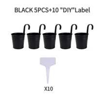 Conjunto de vasos de flores de ferro metálico com 7 peças, inclui 5 vasos de flores de metal, 5 etiquetas de plástico e 1 kit de ferramentas de transplante, para jardim de varanda, vasos de plantas com ganchos removíveis