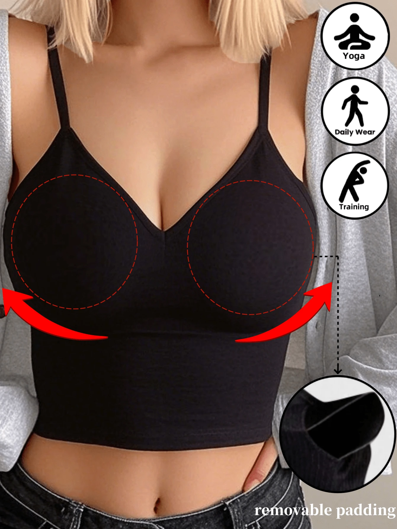 1pc Casual-Comfortable Minimalist Camisole, Wireless/Underwire Removable Padded, Seamless Contour, Cross Back Sports Bra - Black - View 1