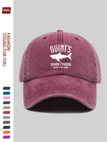 1 pieza Gorra de béisbol de aventura al aire libre para hombres "Pesca de tiburones de Quint" - Con texto blanco de Amity Island 1975 e impresión de un gran tiburón blanco, suave y transpirable, adecuado para hombres y mujeres, ideal para senderismo, viajes, golf, fiestas en la playa, pesca - A - Ver 22