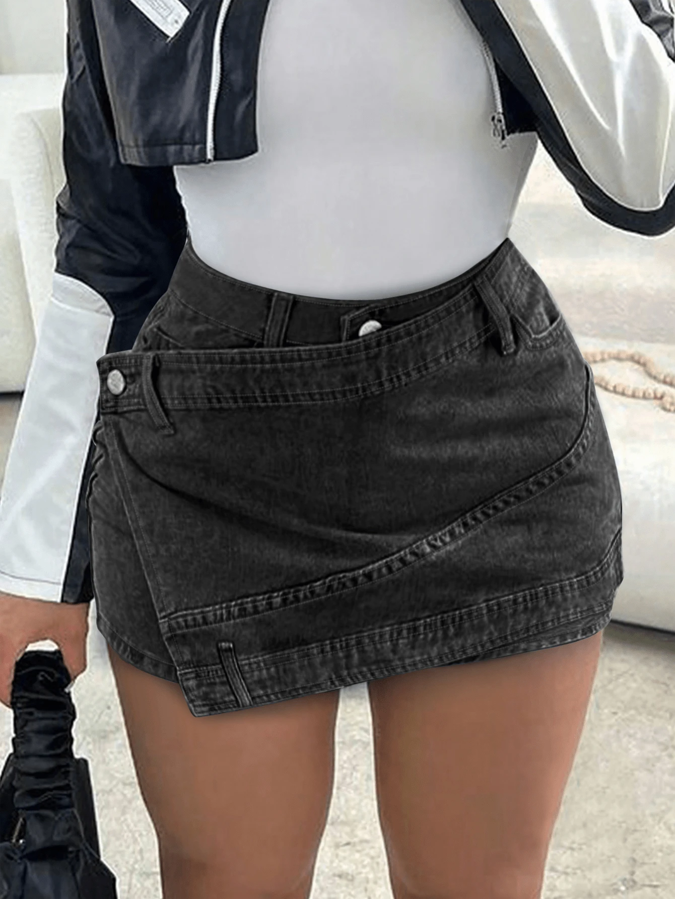 Y2K Vintage Elastic Waist Wrap Asymmetric Hem Bodycon Denim Skort, Punk Denim Shorts For Back To School Season - Smoke Black - View 1