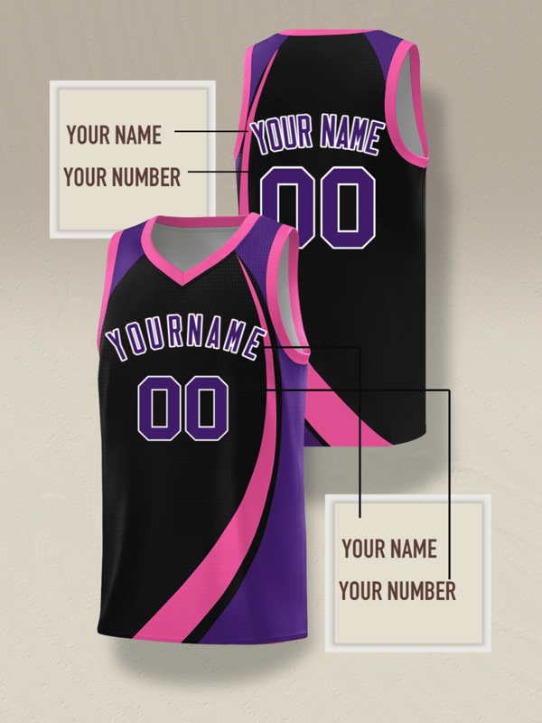 Camisetas de baloncesto personalizadas en negro y púrpura, con nombres de equipo y números personalizados, camisetas deportivas con estampado de transferencia de calor de colores brillantes, sudaderas deportivas para entrenamiento y fiestas