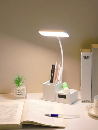 1pc Simple Design LED Desk Lamp With Storage, USB Powered Port, 3 Color Modes, Touch Control, White Reading Table Lamp, Eye-Caring Light For Students