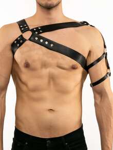 Men's Sexy Pu Leather Straps, Skinny Corset, Arm Restraints, Punk Style, Carnival Day , Everyday Wear, Men's Fashion Straps, Bold Men's Costume Shaping Waistband Straps, Men's Gladiator Chest Protectors, Men's Gladiator Shoulder Armor, Gothic Straps Costume Accessory - Black - View 8