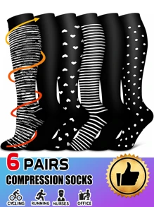 6 Pairs Unisex Compression Sports Socks - Lightweight Knee-High Breathable Design For Running, Cycling, Hiking, Soccer & Travel - Low Pressure Support