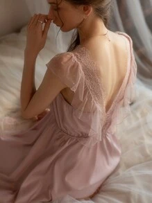 Conjunto de lencería sexy con pijama largo de seda, camisón con encaje estilo eólico y ropa de dormir que se puede usar fuera de casa