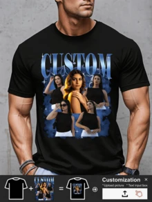 Customization Personalized Men's Comfortable Casual Loose Fit T-Shirt. Custom Your Own Bootleg Rap Tee Graphic Wife Husband Tee Custom Girlfriend Face Photo Vintage Shirts, Anniversary Gift, Valentine's Day Gift (Selfie/Family Photo/Friend Photo/Party/Team/ Boyfriend/Girlfriend/Couple Matching/ Workwear) - 黑色 - 查看 2