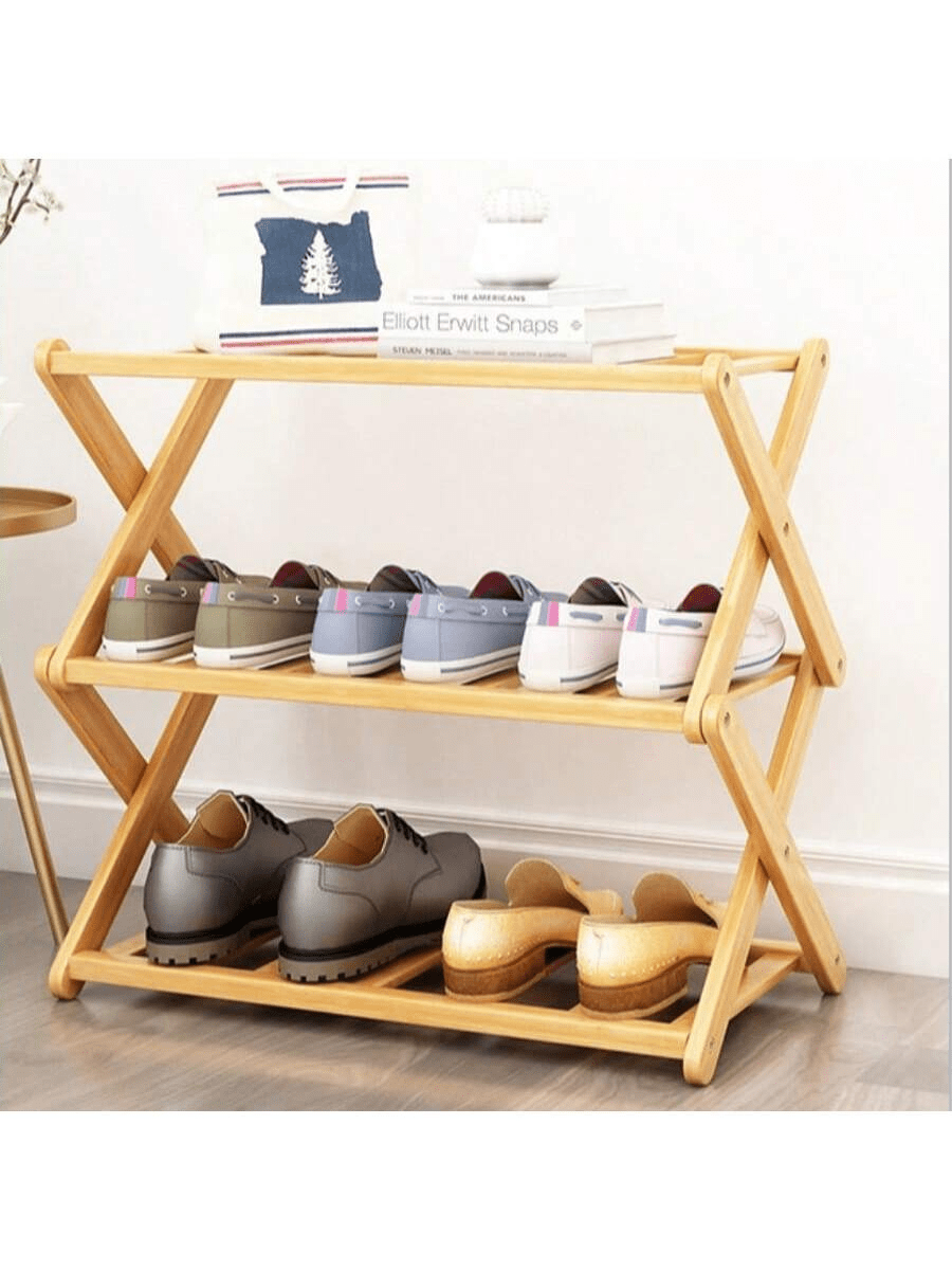 Scaffale portascarpe e portavasi in stile nordico in bambù, struttura a X a 2/3/4 ripiani, ideale per balcone/soggiorno/camera da letto/ingresso, ripiano di stoccaggio resistente all'umidità, mensola angolare salvaspazio, appendiabiti multifunzionale salvaspazio con 12 clip per la conservazione domestica