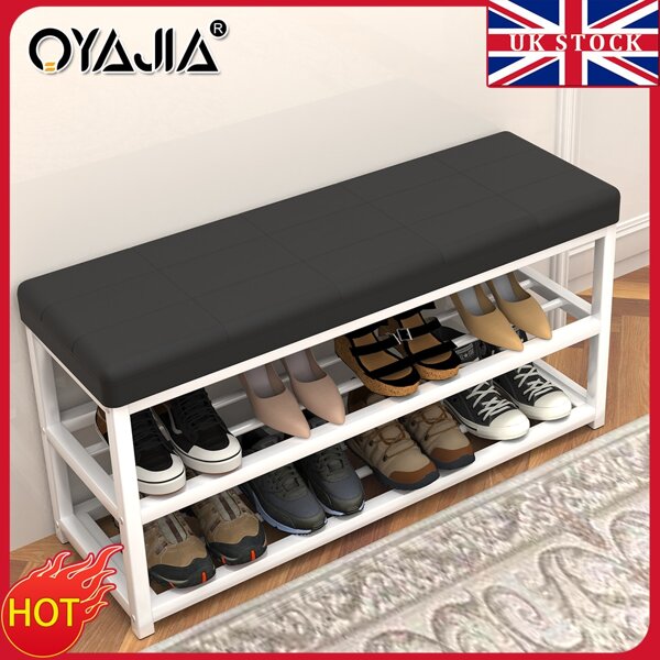 OYAJIA 35.5" Shoe Rack Bench, 3-Tier Entryway Bench, With PU Leather Seat And Metal Frame, Loads 300 Lb, Suitable For Living Room, Hallway, Mudroom, Doorway