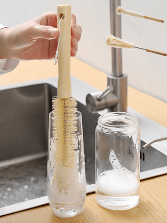 1 pieza Cepillo de madera para taza de uso doméstico, cepillo de botella de material de nailon con mango largo, apropiado para limpiar tazas en la cocina y restaurante - Material de acero inoxidable y nailon apto para todo tipo de botellas, teteras y diversos contenedores