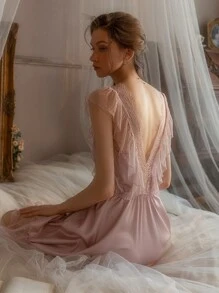 Conjunto de lencería sexy con pijama largo de seda, camisón con encaje estilo eólico y ropa de dormir que se puede usar fuera de casa