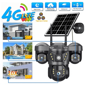 1 Pieza Cámara de seguridad inalámbrica con alimentación solar y ranura para tarjeta SIM - 12MP 6K Ultra HD con triple lente y triple pantalla, rotación PTZ de 355°, seguimiento por IA, visión nocturna a color, zoom 10x, audio bidireccional, detección de movimiento PIR, alertas de alarma inteligente, resistente al agua IP66 para uso en exteriores/interiores en el hogar, la oficina, el patio, la granja, monitoreo de mascotas con aplicación móvil, carga solar