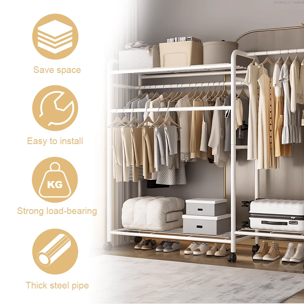 Double Clothes Rail Rack Garment Hanging Stand Open Wardrobe Stand ...