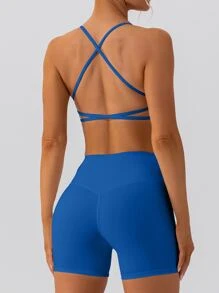 Sutiã Esportivo Feminino com Design Torcido no Peito, Cruzado nas Costas e Decote em V Profundo, Sutiã Esportivo com Amortecimento Push-Up Torcido na Frente, Sutiã Esportivo para Exercícios ao Ar Livre, Lazer, Corrida e Pilates