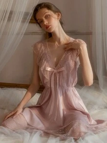 Conjunto de lencería sexy con pijama largo de seda, camisón con encaje estilo eólico y ropa de dormir que se puede usar fuera de casa