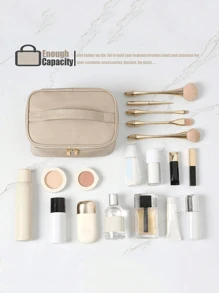 Customized Women's Portable Travel Makeup Bag With Compartments, Makeup Brushes Bag, Waterproof Pu Cosmetic Bag For Outdoor & Vacation, Khaki , Makeup Bag Makeup Pouch Skincare Bag Toiletry Bag School Supplies Travel Essentials Make Up Bag Holiday Essentials Makeup Bags Makeup Organizer Holiday Winter Gifts For Women Make Up Organizer Makeup Storage