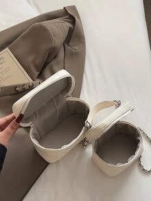 Fashion New Elegant Solid Color Pu Fabric Portable Square Bag, Minipu Bag, Pure Waterproof Fabric Burgundy Bag, Letter Pattern Decorative Design Box Bag, Suitable For Travel Shopping, Parties, Parties, Commuting. - White - View 6