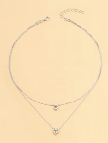 1pc Fashion Minimalist Double-Layer Rhinestone Heart & Circle Pendant Clavicle Chain Necklace For Women, Daily Wear, Holiday Party, Gift For Friends - Silver - View 3