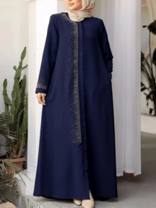 Robe Longa Feminina Cor Sólida, Elegante Estilo Turco, Abaya com Manga Longa Luxuosa Decorada com Strass e Zíper
