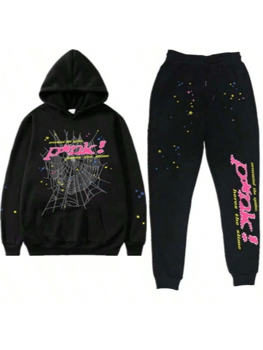 Men's Hip Hop Spider Web Pattern Letter Pattern Harajuku Retro Hoodie Long Sleeve Pants Set Joint Set For Men 2PC