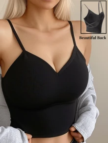 1pc Casual-Comfortable Minimalist Camisole, Wireless/Underwire Removable Padded, Seamless Contour, Cross Back Sports Bra - Black - View 2