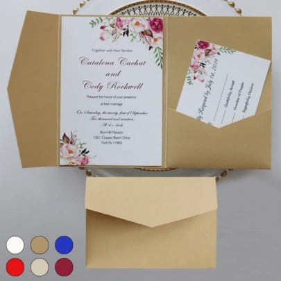 10 pièces Cartes d'invitation nacrées, cartes de vœux pliées en trois avec enveloppes RSVP, invitations de mariage, cartes en papier doré, pour décorations et fournitures de mariage, 15e anniversaire, baptême, shower de mariée, fête (rose, or, bordeaux, beige, blanc, bleu marine)