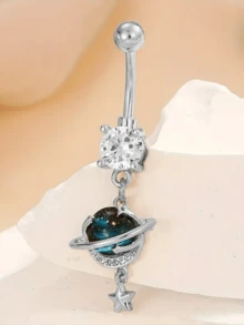 1pc Stainless Steel Galaxy/Planet Navel Piercing Belly Button Ring, Suitable For Daily Wear And As A Gift - Silver - View 7